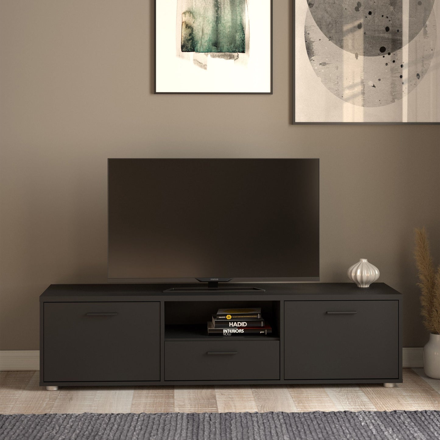 Media TV Unit with 2 Doors and 1 Drawer in Black (147cm)
