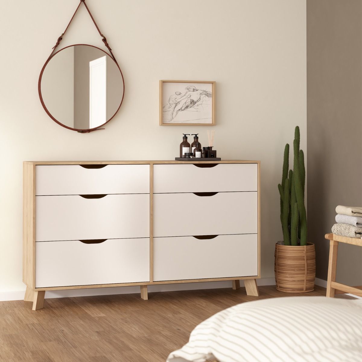 Ikast Double Dresser 6 Drawers in Jackson Hickory and White