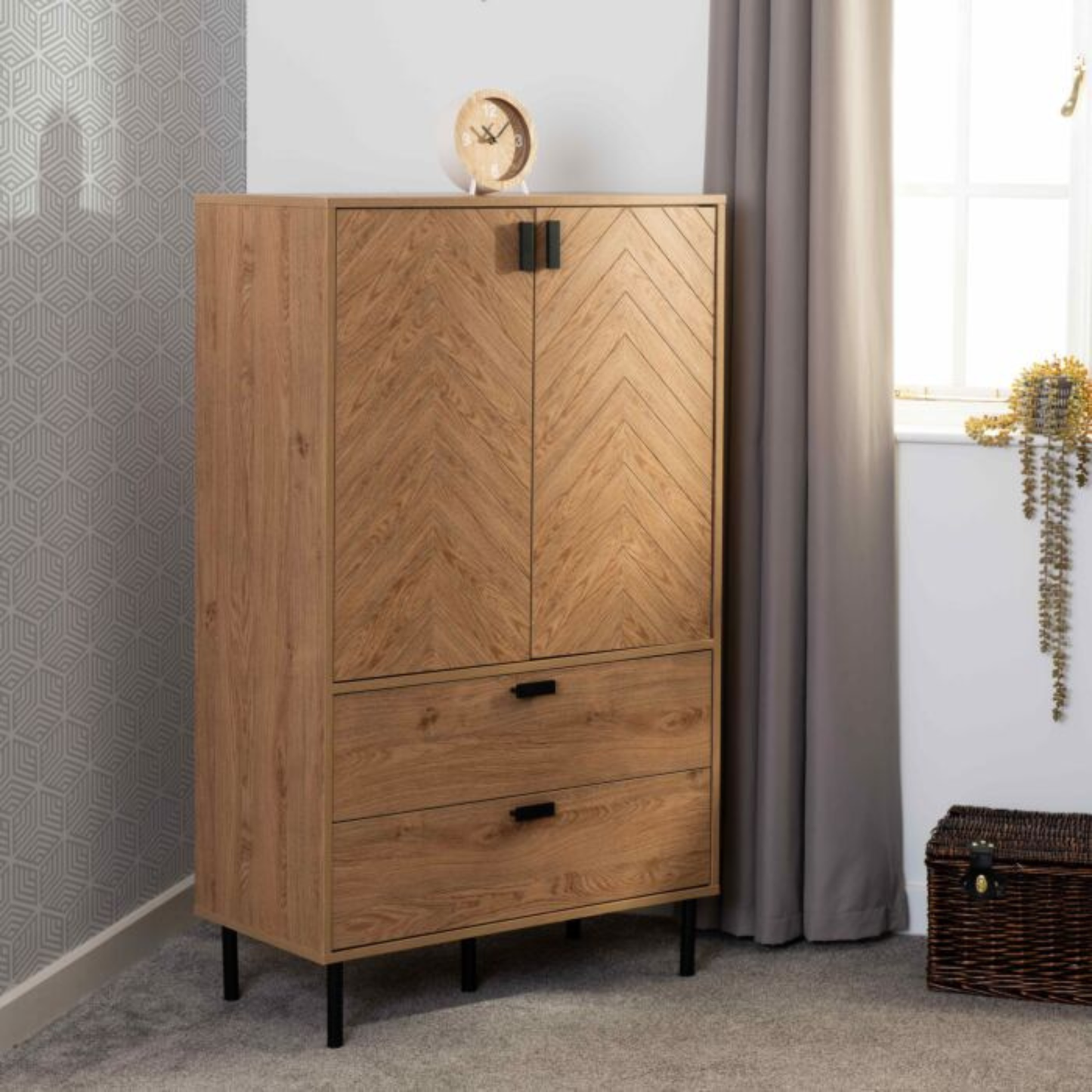 Leon 2 Door 2 Drawer Cabinet – Medium Oak Effect Storage Unit