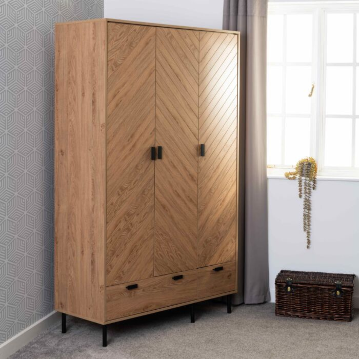 Leon 3 Door 2 Drawer Wardrobe – Medium Oak Effect