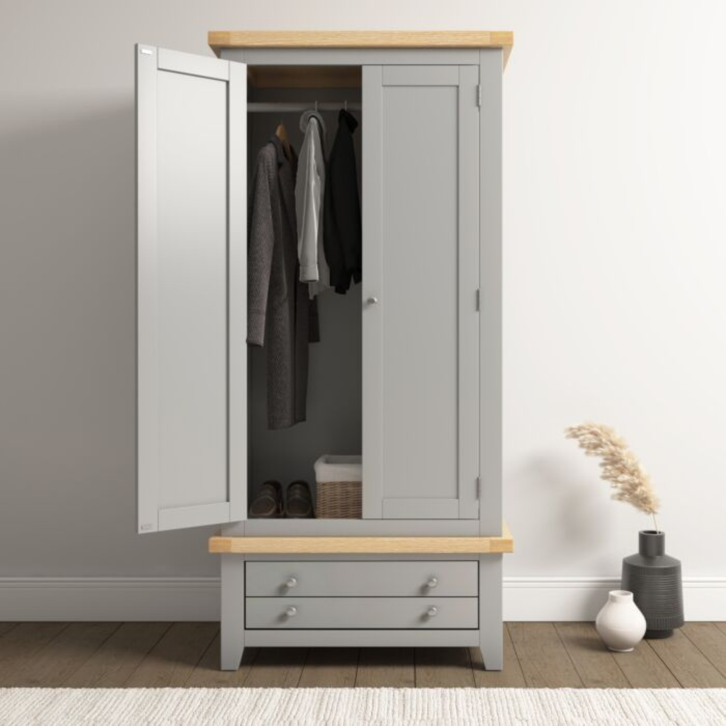 Windsor 2 Door 1 Drawer Wardrobe – Pebble Grey/Oak