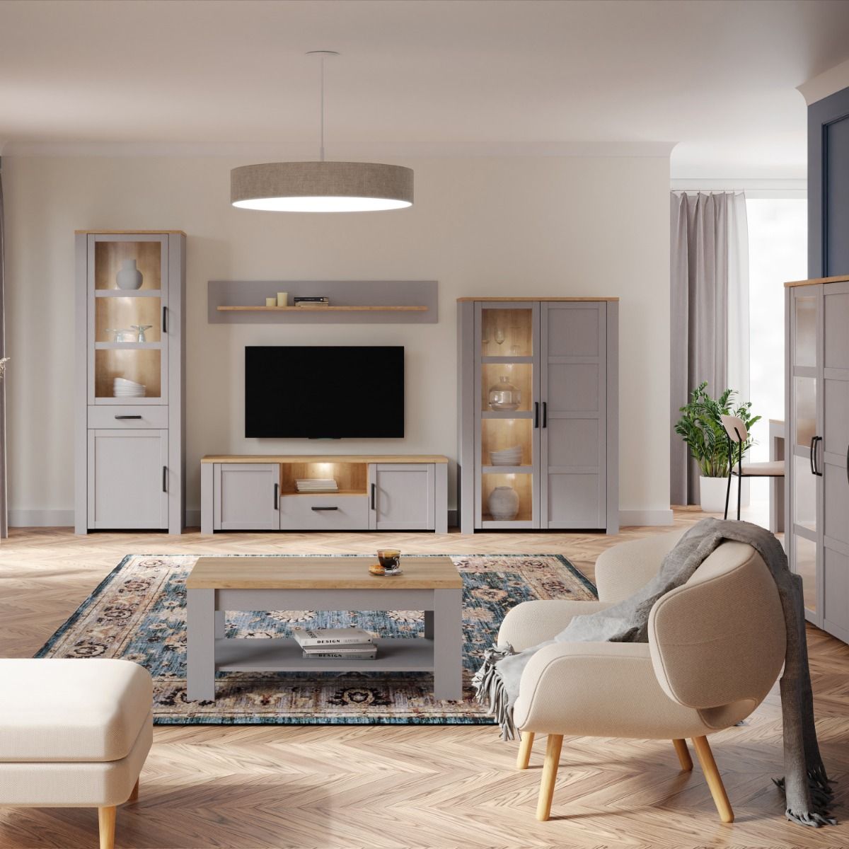 Bohol Display Cabinet with LED Lights in Grey Riviera Oak