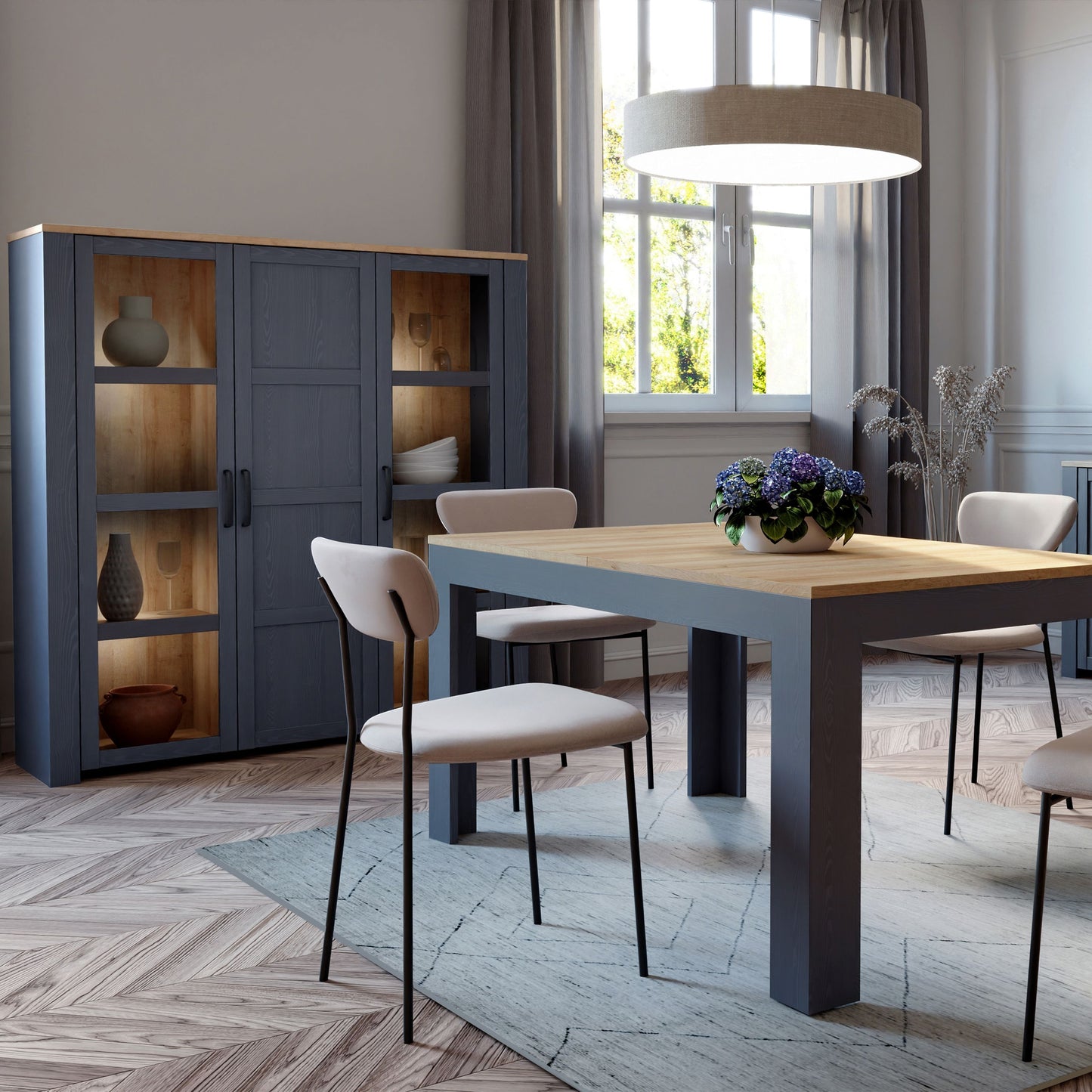 Bohol Large Display Cabinet 3 Door in Navy and Oak