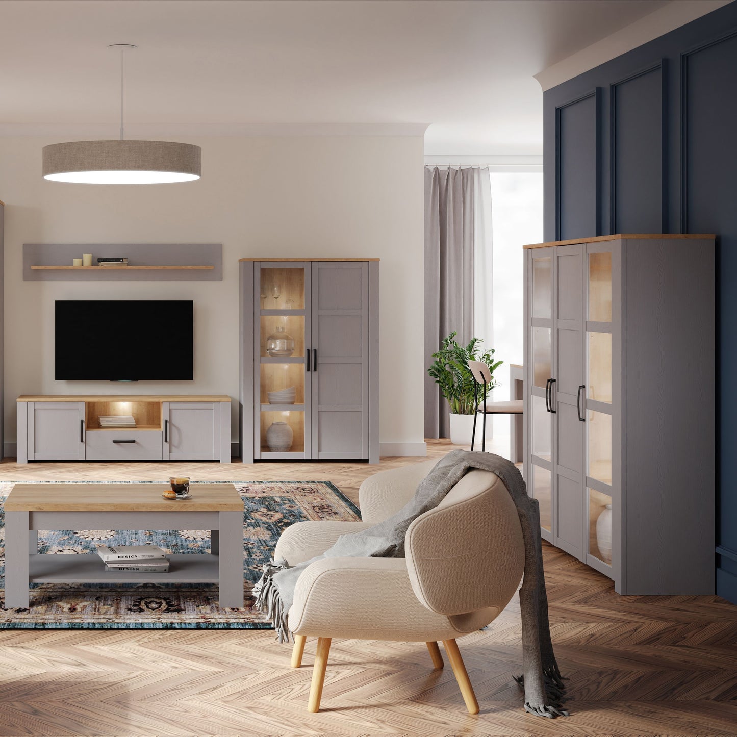 Bohol Large Display Cabinet 3 Door in Grey and Oak