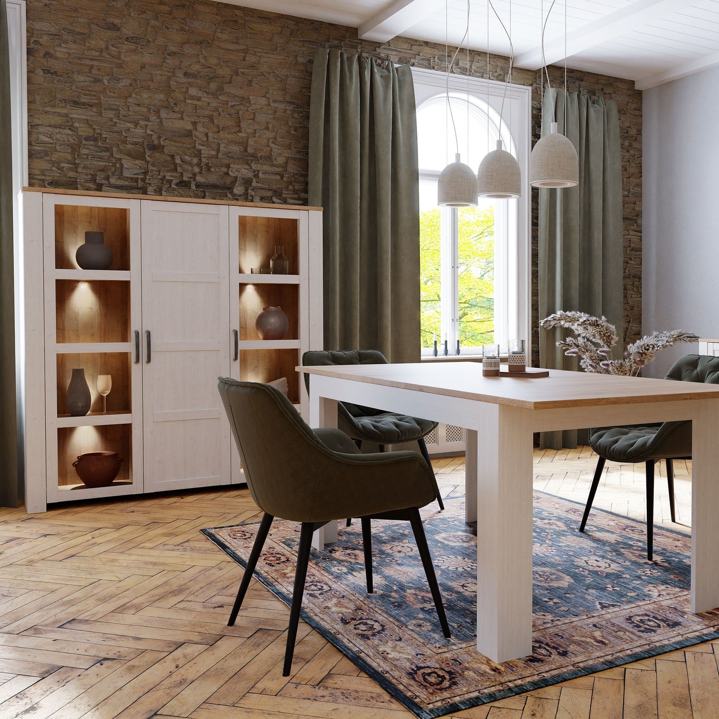 Bohol Large Display Cabinet 3 Door in White and Oak