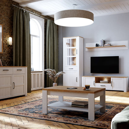 Bohol Narrow Display Cabinet 2 Door 1 Drawer in White and Oak