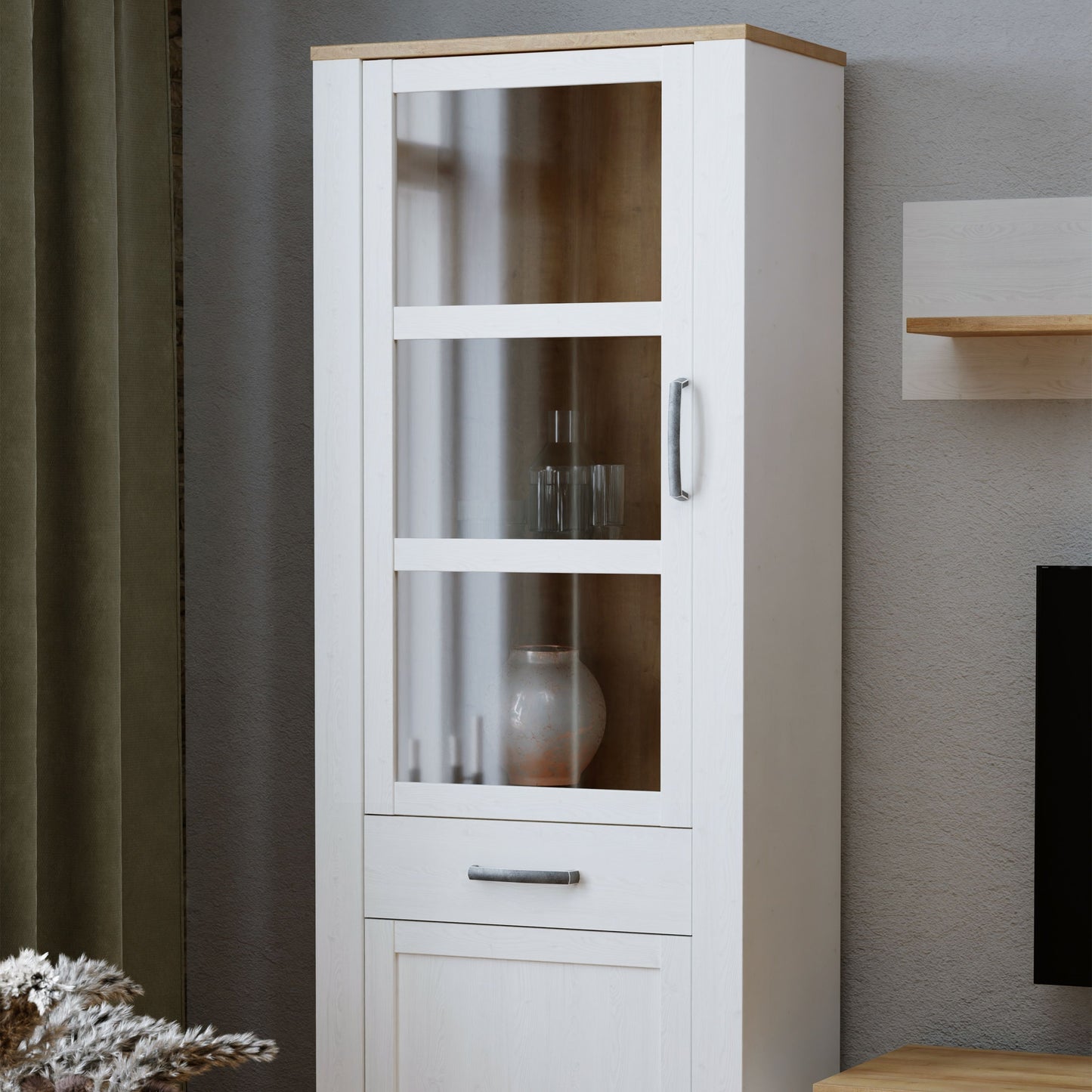 Bohol Narrow Display Cabinet 2 Door 1 Drawer in White and Oak