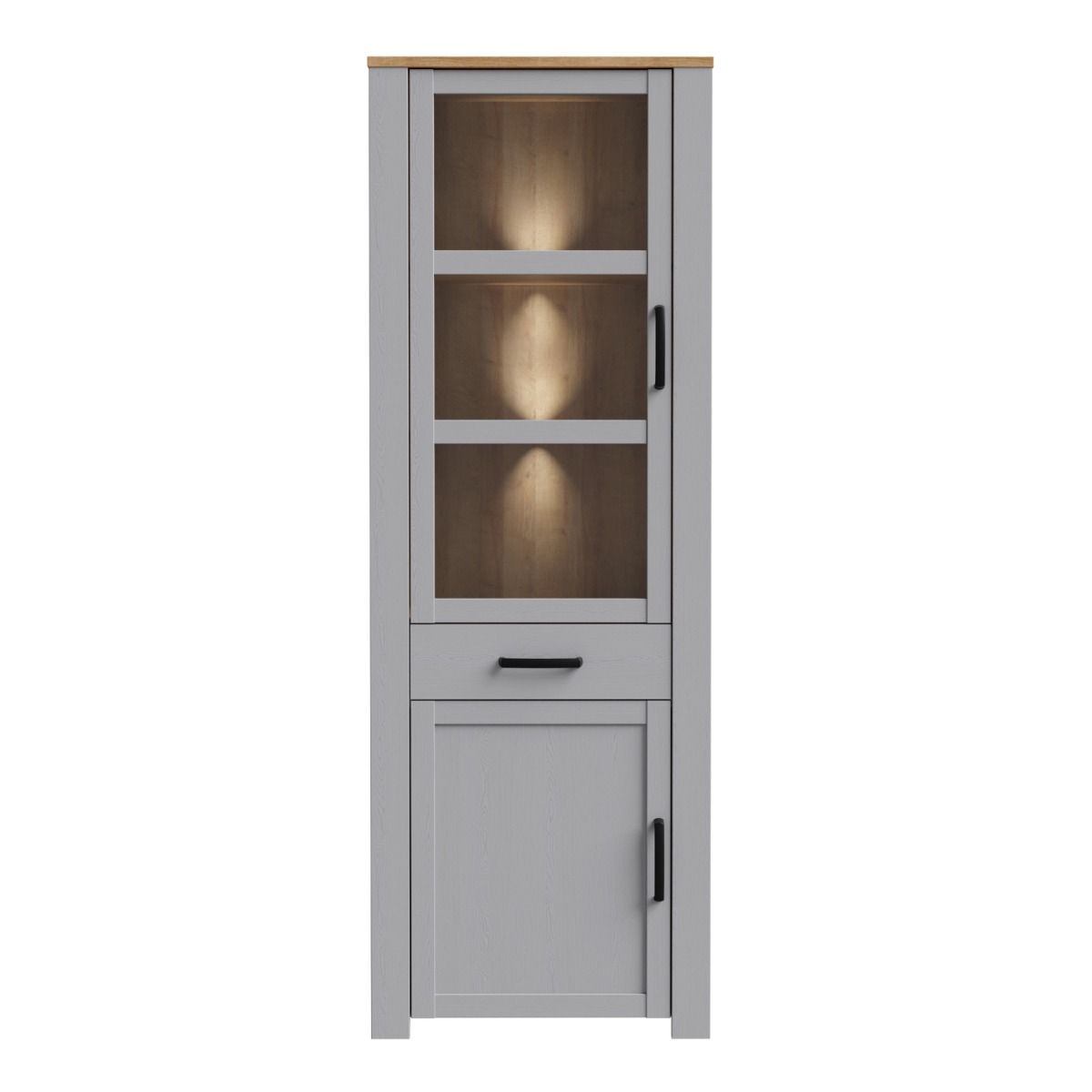 Bohol Narrow Display Cabinet with LED Lights in Grey Riviera Oak