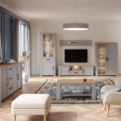 Bohol Narrow Display Cabinet with LED Lights in Grey Riviera Oak