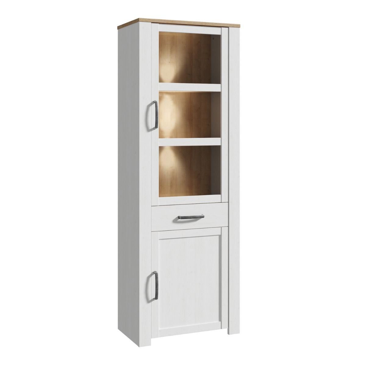 Bohol Narrow Display Cabinet with LED Lights in White Riviera Oak