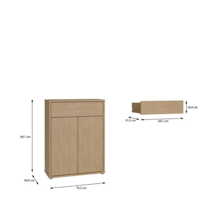 Alice Springs Shoe Cabinet with 2 Doors Push-to-Open & 1 Drawer Push-to-Open in Elegancia Oak