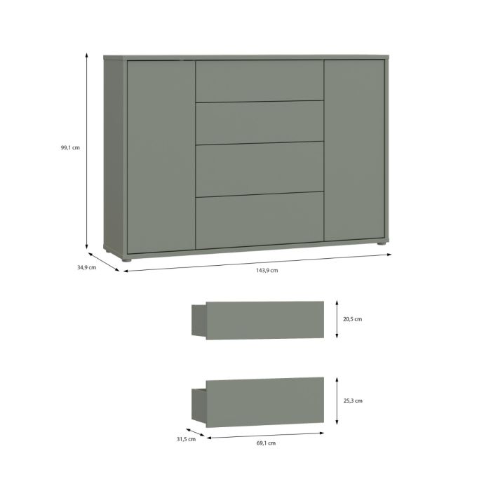 Alice Springs Wide Sideboard with 4 Drawers & 2 Doors with Push-to-Open in Sage Green