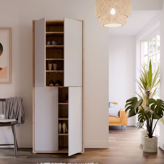 Alice Springs Shoe Cabinet with 4 Doors Push-to-Open in Artisan Oak and Light Grey Doors