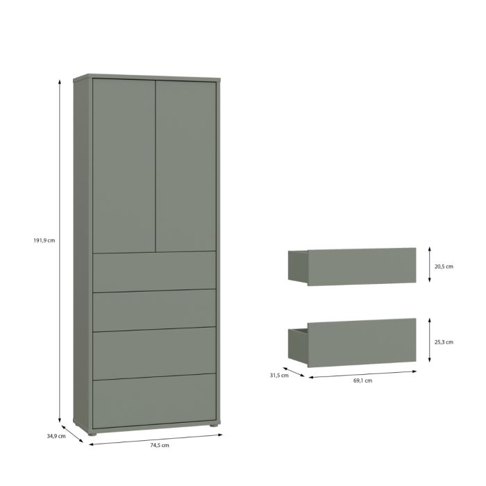 Alice Springs Tall Storage Cabinet with Push-to-Open Doors & 4 Drawers in Sage Green