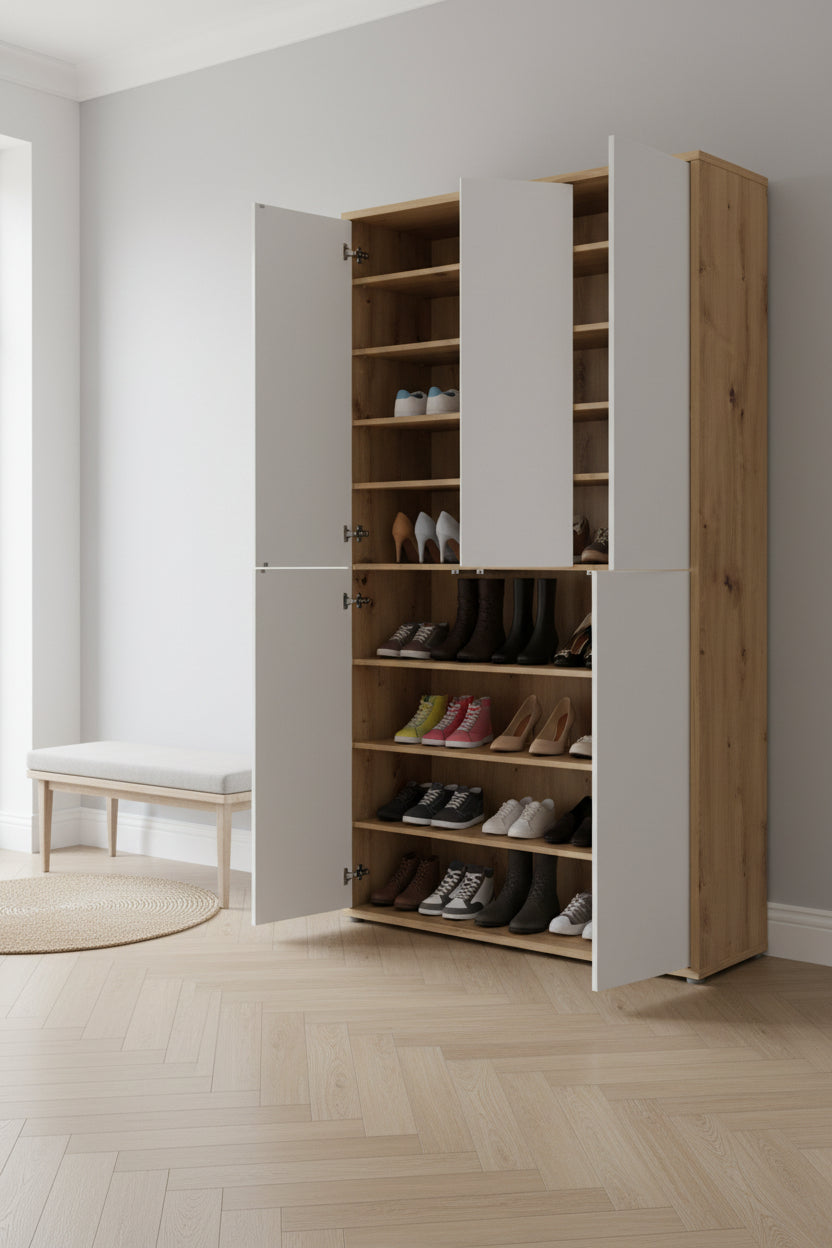 Alice Springs Shoe cabinet with 6 Doors Push-to-Open in Artisan Oak and Light Grey Doors