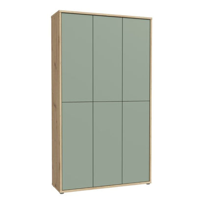 Alice Springs Shoe Cabinet with 6 Doors Push-to-Open in Artisan Oak and Sage Green Doors