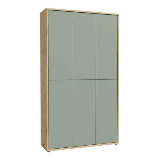Alice Springs Shoe Cabinet with 6 Doors Push-to-Open in Artisan Oak and Sage Green Doors