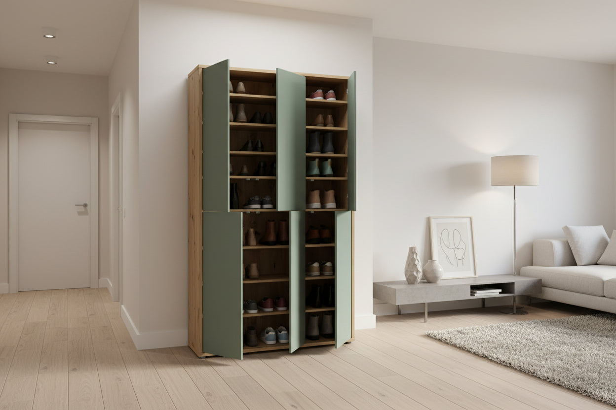 Alice Springs Shoe Cabinet with 6 Doors Push-to-Open in Artisan Oak and Sage Green Doors