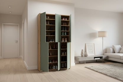 Alice Springs Shoe Cabinet with 6 Doors Push-to-Open in Artisan Oak and Sage Green Doors