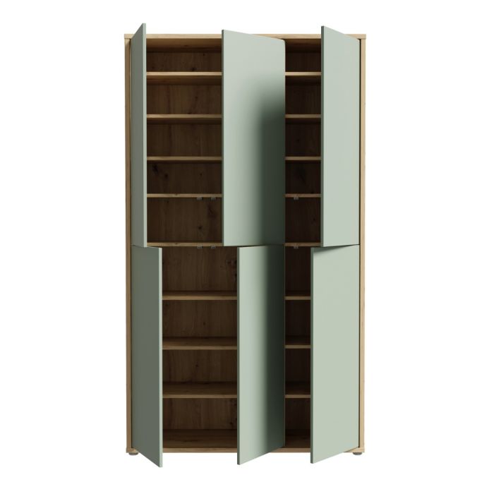Alice Springs Shoe Cabinet with 6 Doors Push-to-Open in Artisan Oak and Sage Green Doors