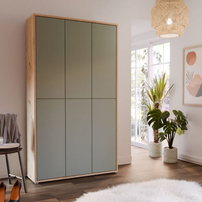 Alice Springs Shoe Cabinet with 6 Doors Push-to-Open in Artisan Oak and Sage Green Doors