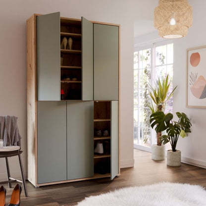 Alice Springs Shoe Cabinet with 6 Doors Push-to-Open in Artisan Oak and Sage Green Doors