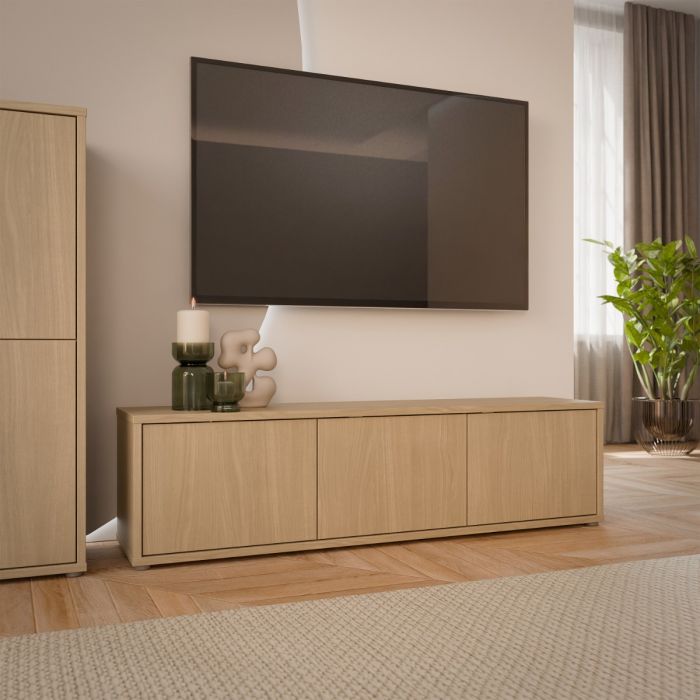 Alice Springs Wide TV Cabinet with 3 Doors Push-to-Open in Elegancia Oak