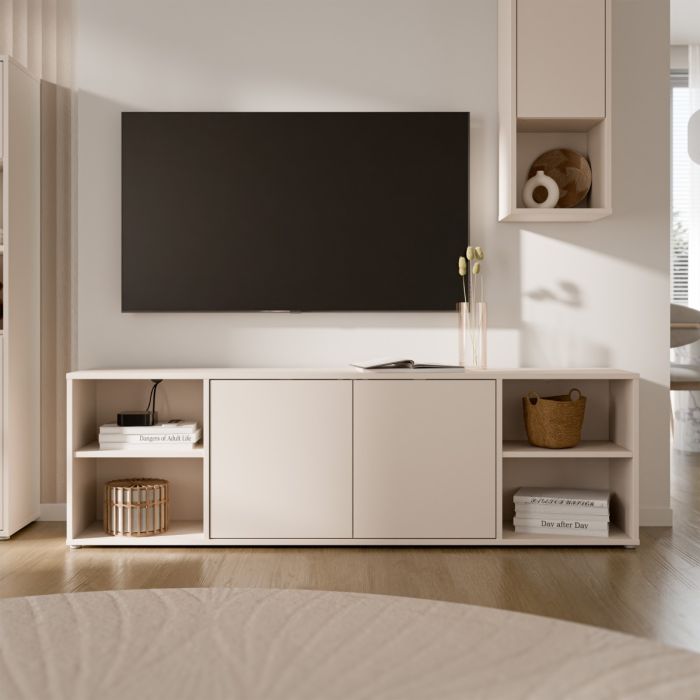 Alice Springs Wide TV Cabinet with 2 Doors Push-to-Open & 2 Open Shelves in Sand
