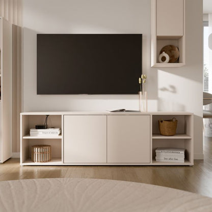 Alice Springs Wide TV Cabinet with 2 Doors Push-to-Open & 2 Open Shelves in Sand