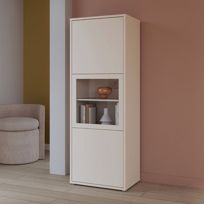 Alice Springs Narrow Display Cabinet with 3 Push-to-Open Doors in Sand