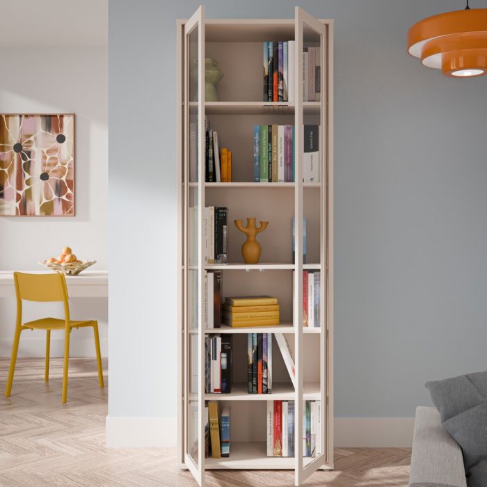 Alice Springs Slim Tall Display Cabinet with 2 Glass Doors Push-to-Open & 5 Shelves in Sand