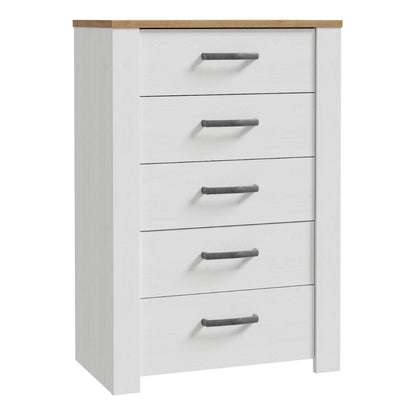 Bohol 5 Drawer Narrow Chest in White/Riviera Oak