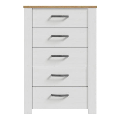 Bohol 5 Drawer Narrow Chest in White/Riviera Oak