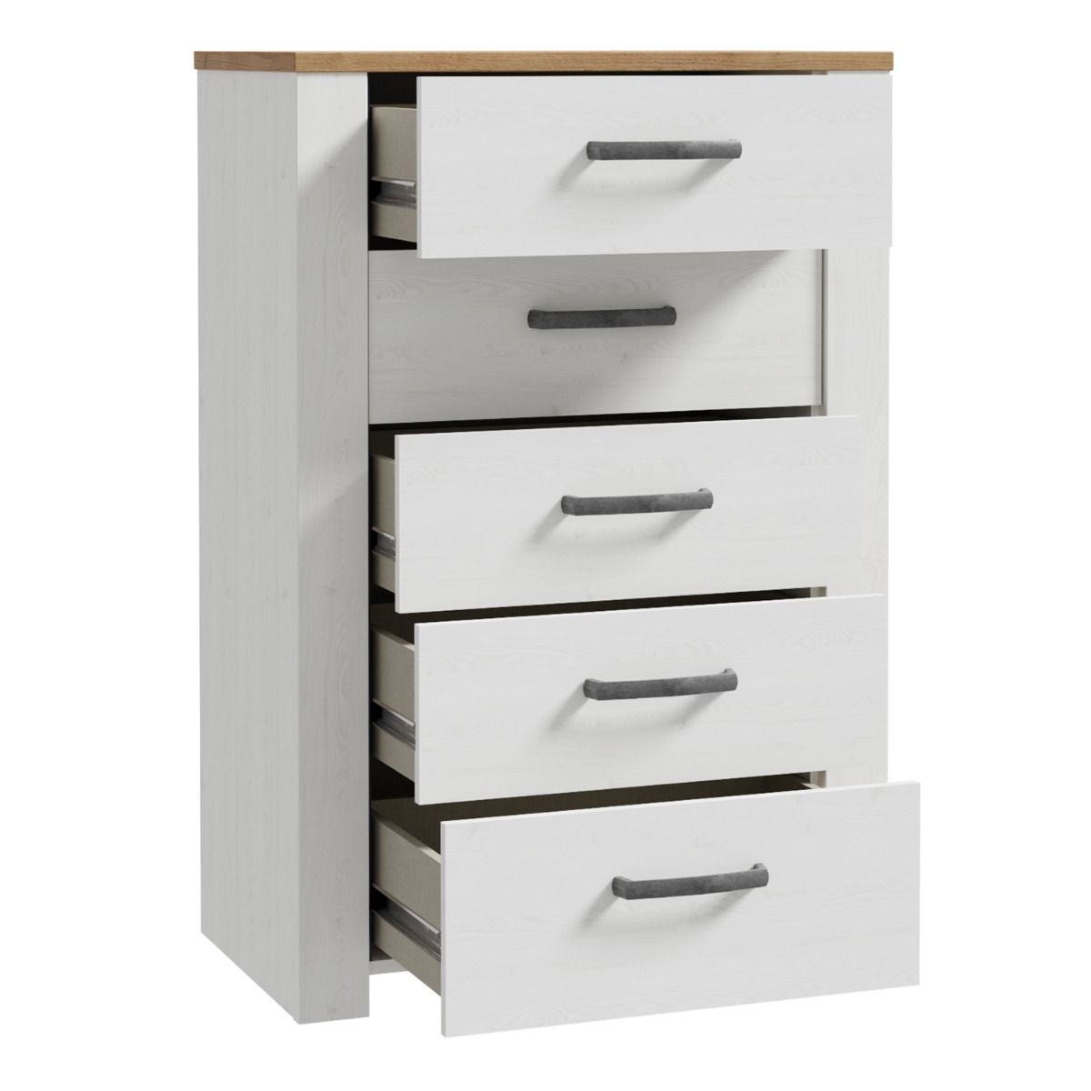 Bohol 5 Drawer Narrow Chest in White/Riviera Oak
