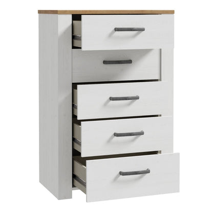 Bohol 5 Drawer Narrow Chest in White/Riviera Oak