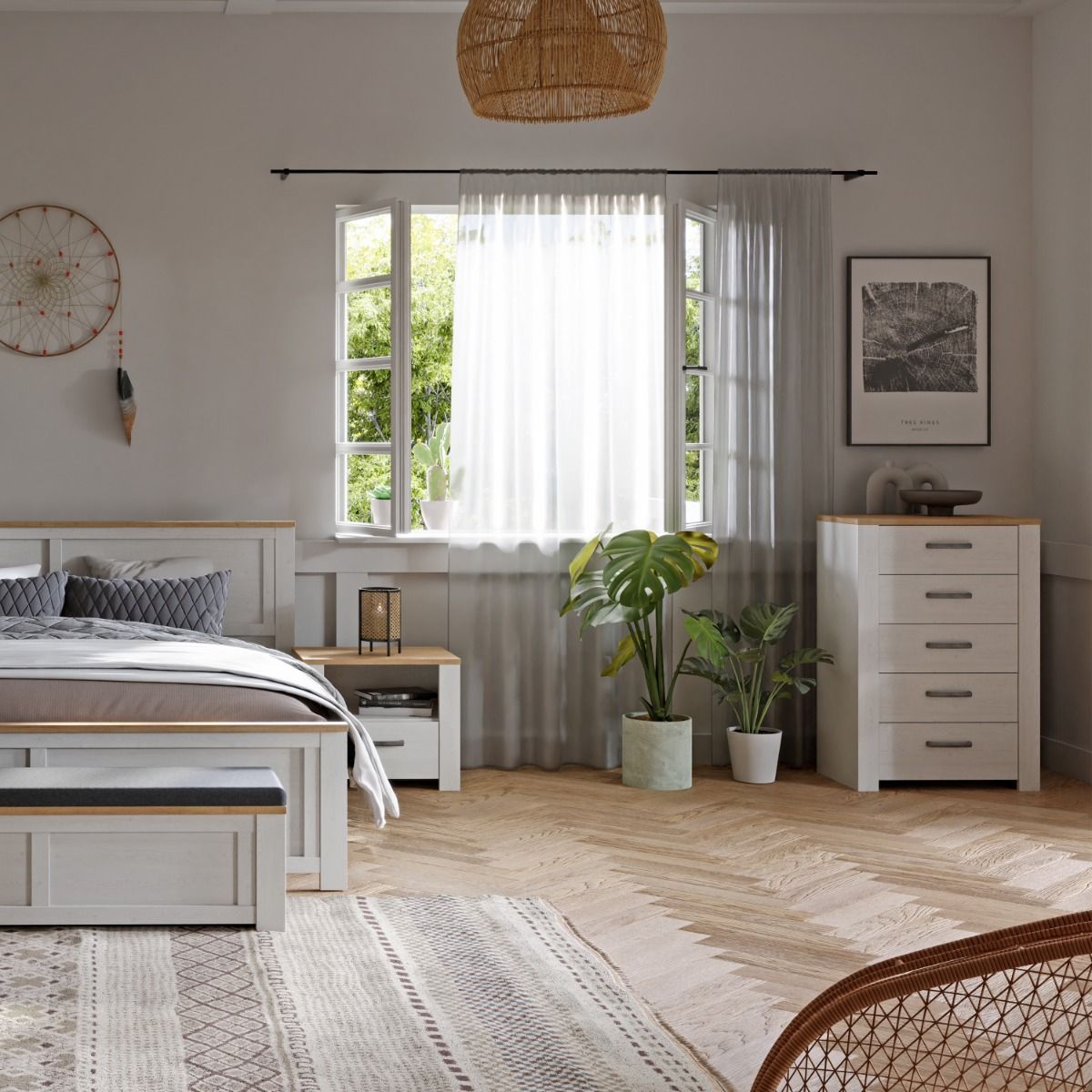 Bohol 5 Drawer Narrow Chest in White/Riviera Oak