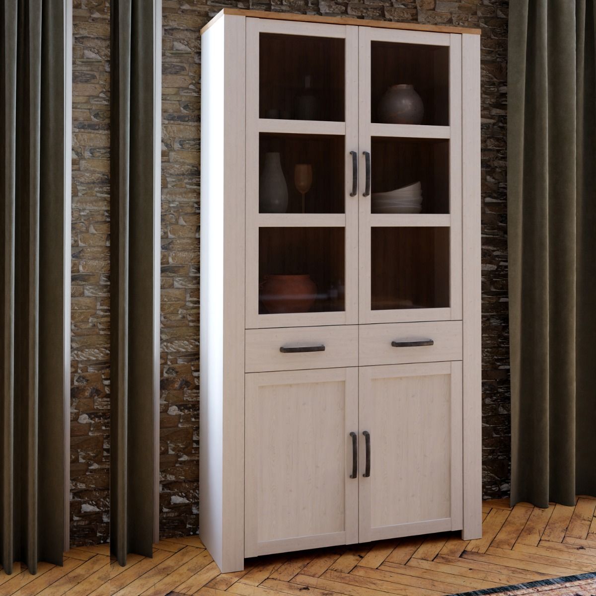 Bohol Display Cabinet 4 Door 2 Drawers in Oak/Riviera Oak