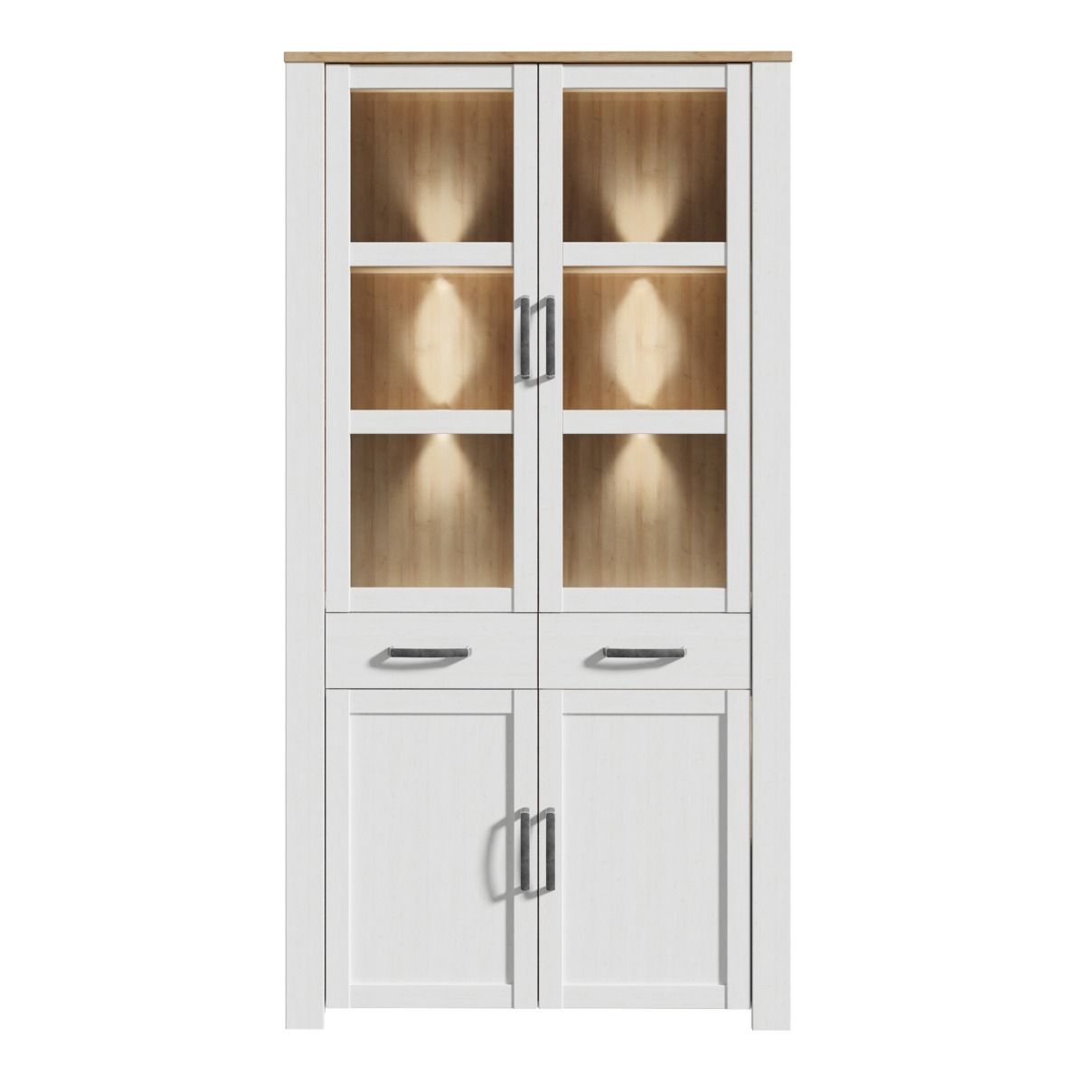 Bohol Display Cabinet 4 Door 2 Drawers in White/Riviera Oak inc LED Lighting