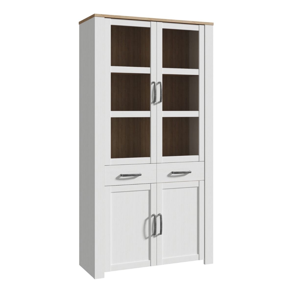 Bohol Display Cabinet 4 Door 2 Drawers in White/Riviera Oak inc LED Lighting