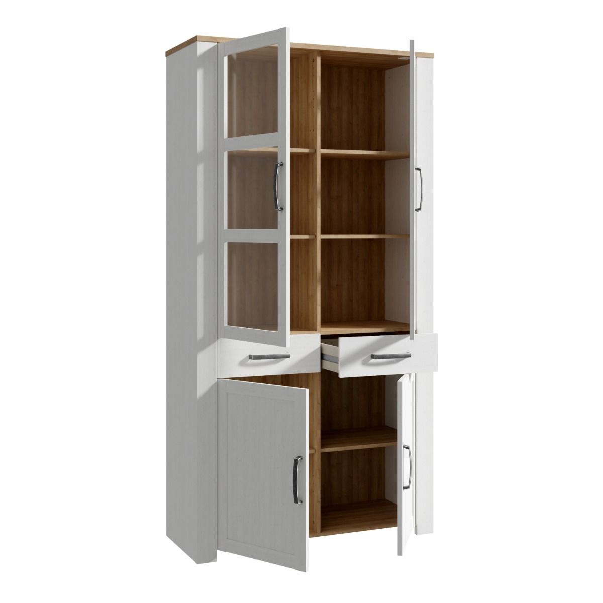 Bohol Display Cabinet 4 Door 2 Drawers in White/Riviera Oak inc LED Lighting