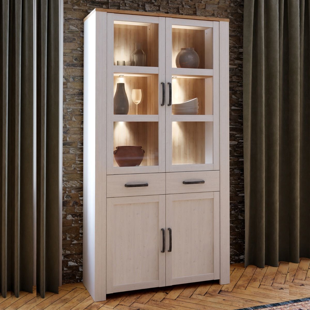 Bohol Display Cabinet 4 Door 2 Drawers in White/Riviera Oak inc LED Lighting
