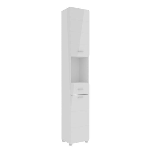 Ice Cave Narrow Bathroom Storage Cabinet with 2 Doors & 1 Drawer with Silver Handles in White with White High Gloss Fronts