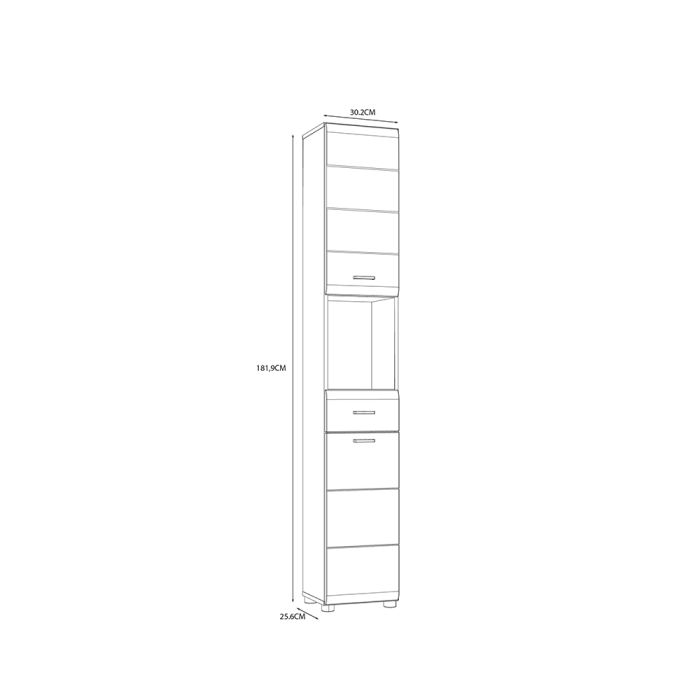Ice Cave Narrow Bathroom Storage Cabinet with 2 Doors & 1 Drawer with Silver Handles in White with White High Gloss Fronts