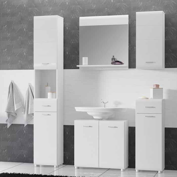 Ice Cave Under Sink Vanity Unit with 2 Doors & Silver Handles in White with White High Gloss Doors