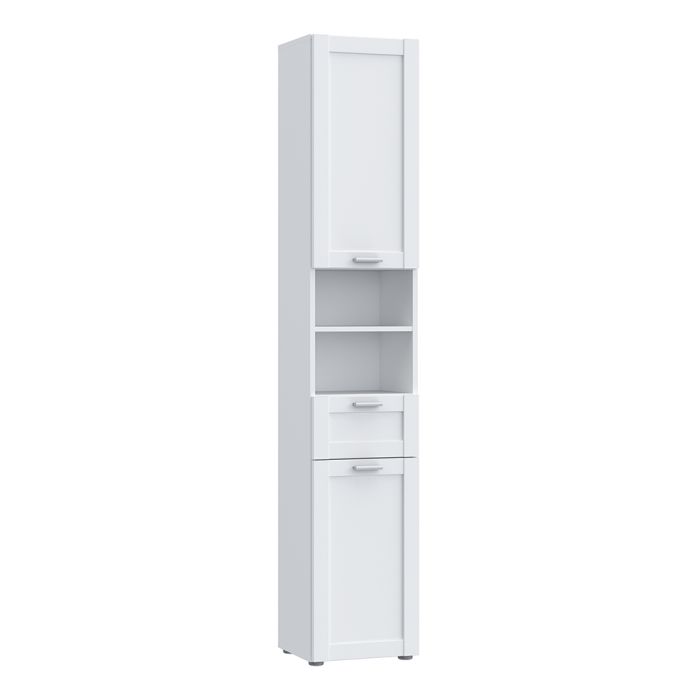 Lokko Tall Narrow Bathroom Cabinet with 2 Doors & 1 Drawer with Silver Handles in White