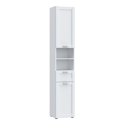 Lokko Tall Narrow Bathroom Cabinet with 2 Doors & 1 Drawer with Silver Handles in White