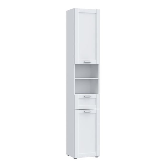 Lokko Tall Narrow Bathroom Cabinet with 2 Doors & 1 Drawer with Silver Handles in White