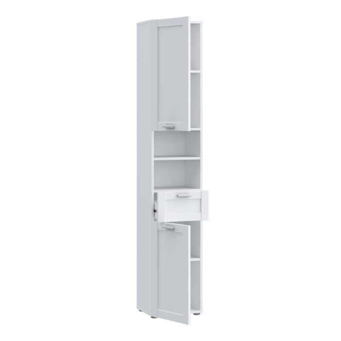 Lokko Tall Narrow Bathroom Cabinet with 2 Doors & 1 Drawer with Silver Handles in White