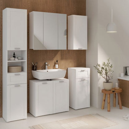 Lokko Tall Narrow Bathroom Cabinet with 2 Doors & 1 Drawer with Silver Handles in White