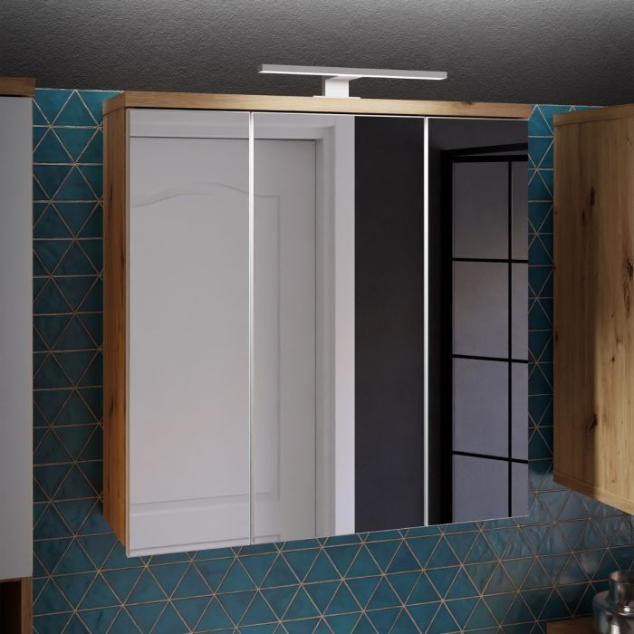 Veris 3 Door Mirrored Bathroom Cabinet with Integrated LED Lighting – Artisan Oak and Light Grey
